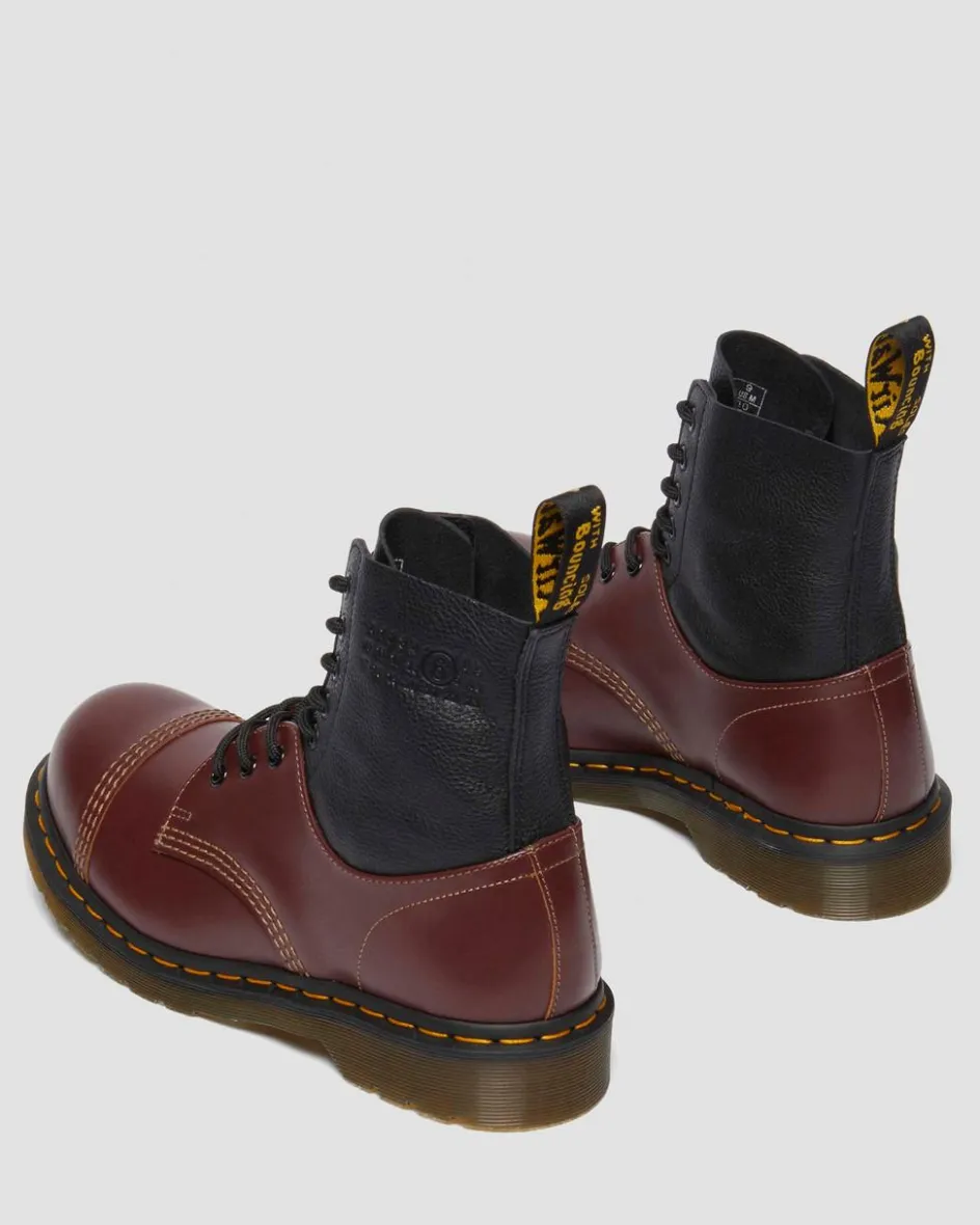 Dr. Martens Boots|Collaborations*1460 / 1461 MM6 Steel Toe Leather Boots in Black Black+Oxblood — VINTAGE SMOOTH+VIRGINIA