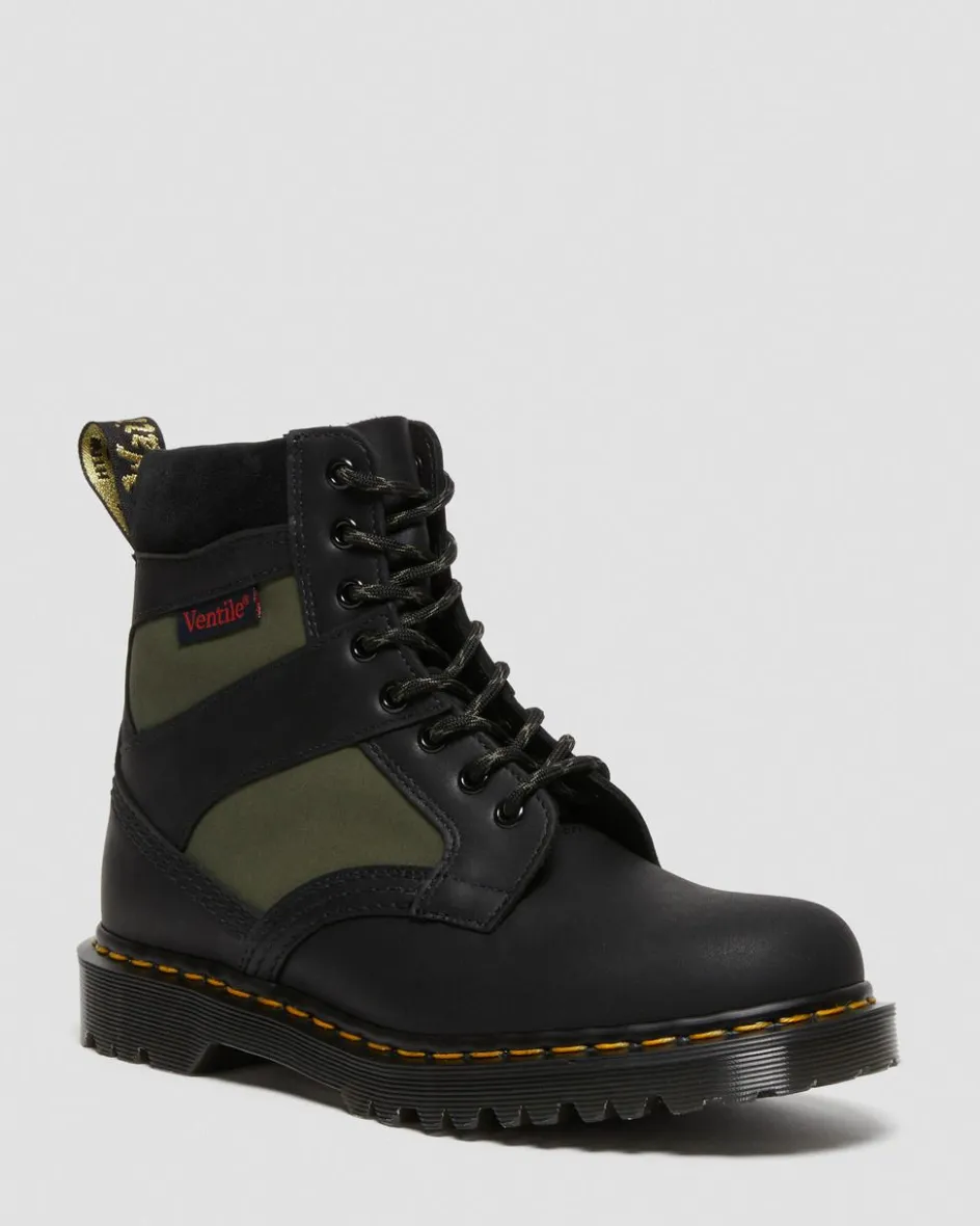 Dr. Martens Last Chance Styles|Last Chance Styles*1460 Made in England Padded Panel Lace Up Boots in Black Black+Olive — Dockyard+Ventile+E.H. Suede