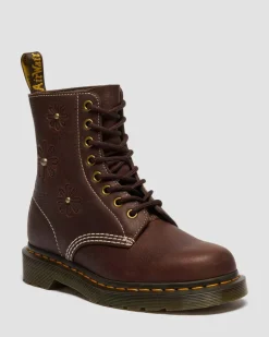 Dr. Martens New And Featured|Floral Styles*1460 Pascal Flower Grizzly Leather Boots in Dark Brown Dark Brown — Grizzly