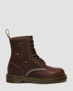 Dr. Martens New And Featured|Floral Styles*1460 Pascal Flower Grizzly Leather Boots in Dark Brown Dark Brown — Grizzly