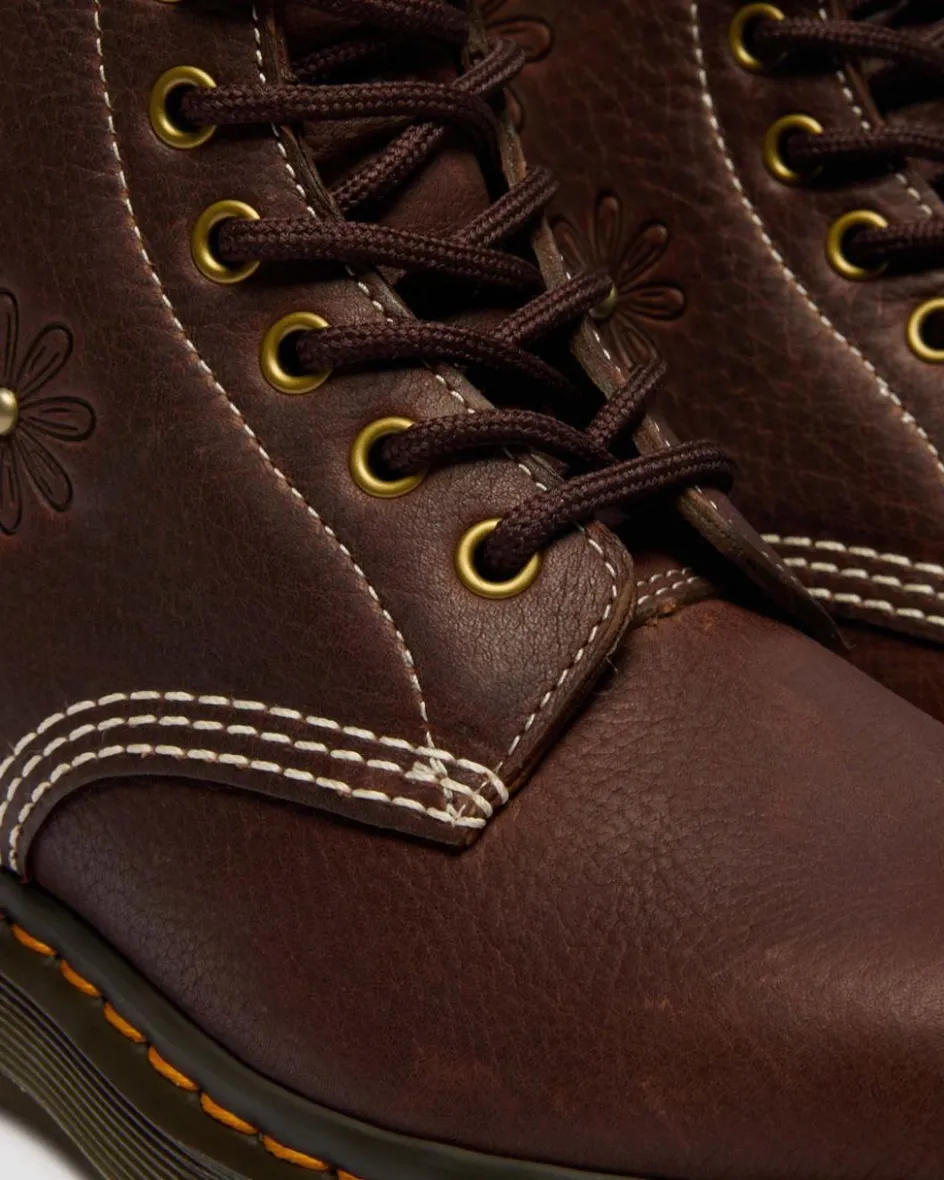 Dr. Martens New And Featured|Floral Styles*1460 Pascal Flower Grizzly Leather Boots in Dark Brown Dark Brown — Grizzly