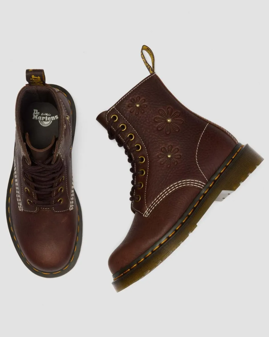 Dr. Martens New And Featured|Floral Styles*1460 Pascal Flower Grizzly Leather Boots in Dark Brown Dark Brown — Grizzly