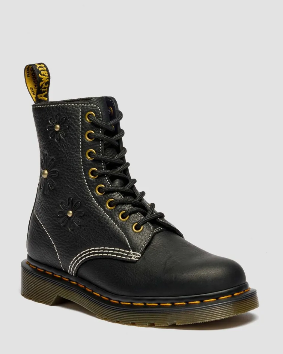 Dr. Martens New And Featured|Floral Styles*1460 Pascal Flower Grizzly Leather Boots in Black Black — Grizzly