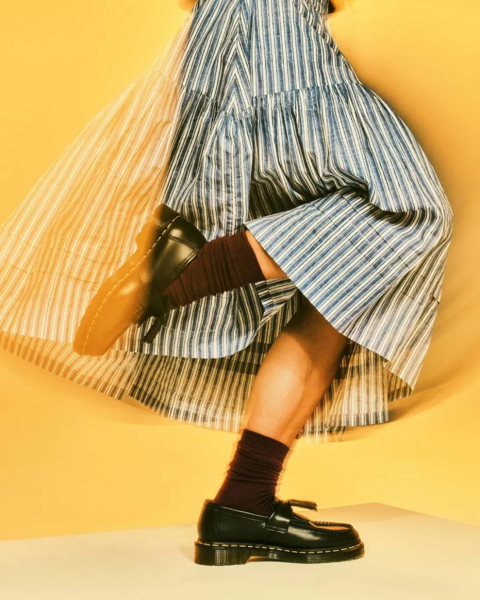 Dr. Martens Originals|Shoes*Adrian Yellow Stitch Leather Tassel Loafers in Black Black — Smooth Leather