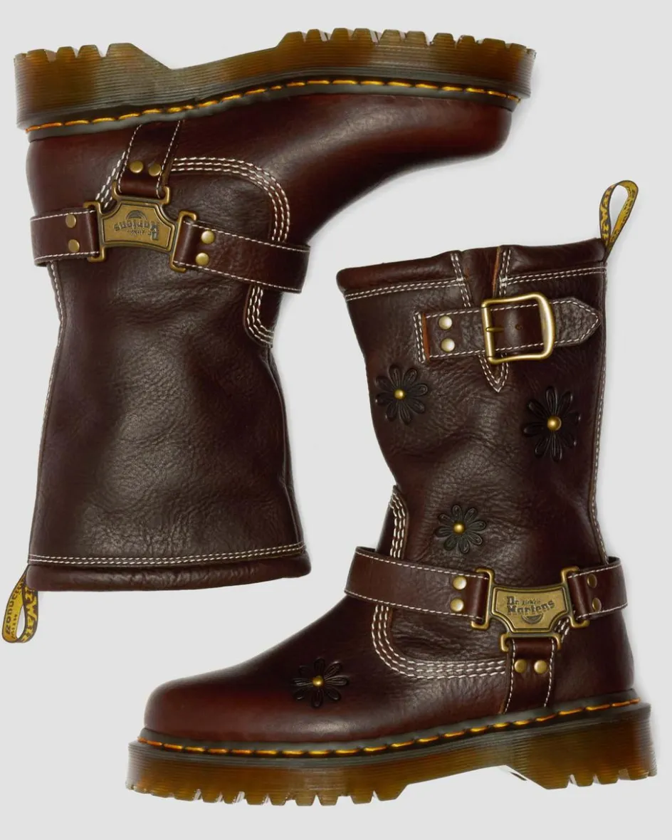 Dr. Martens New And Featured|Floral Styles*Anistone Hi Flower Leather Biker Boots in Dark Brown Dark Brown — Grizzly