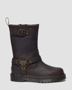 Dr. Martens Tall And Knee High Boots|New And Featured*Anistone Hi Leather Biker Boots in Dark Brown Dark Brown — BURNISHED WAXY PULL UP WP
