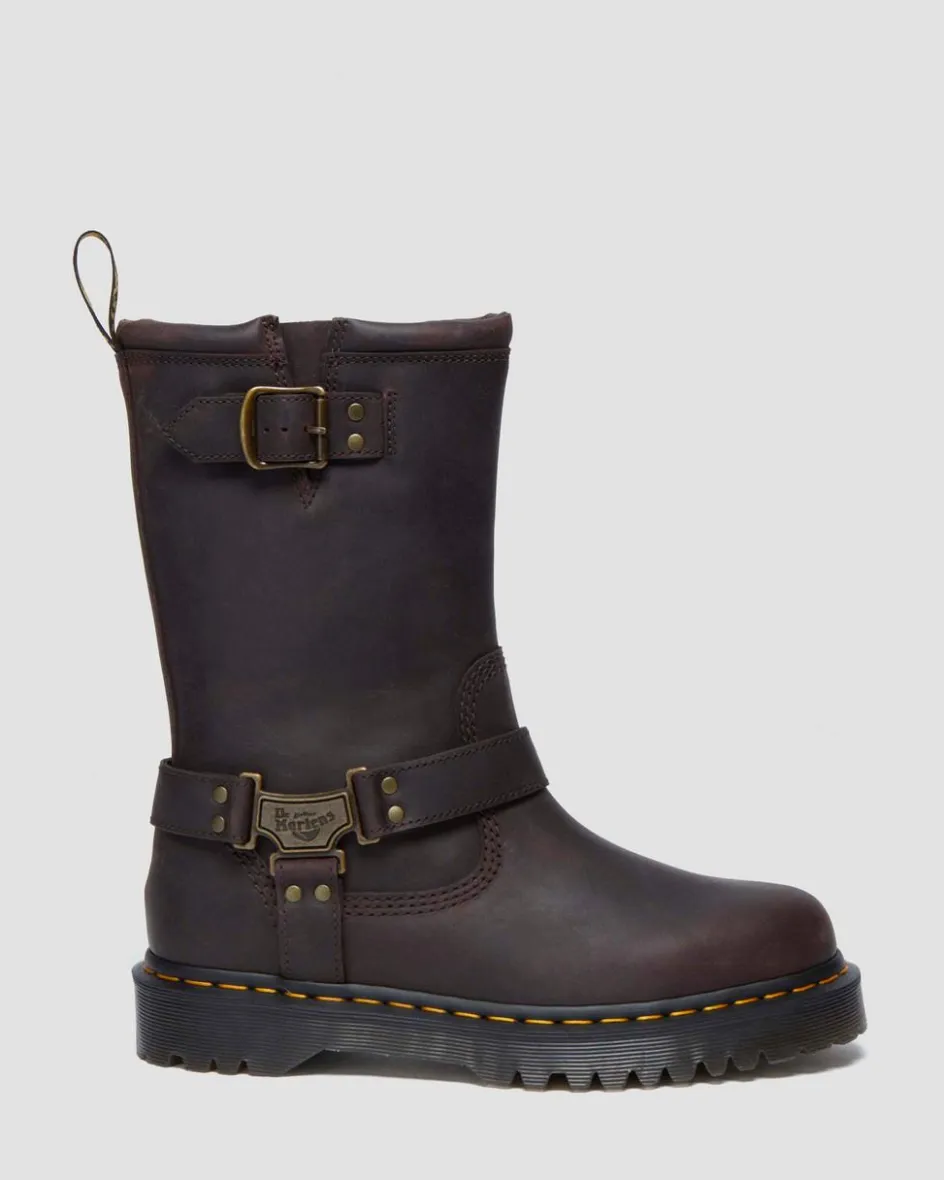 Dr. Martens Tall And Knee High Boots|New And Featured*Anistone Hi Leather Biker Boots in Dark Brown Dark Brown — BURNISHED WAXY PULL UP WP