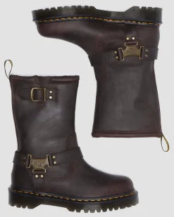 Dr. Martens Tall And Knee High Boots|New And Featured*Anistone Hi Leather Biker Boots in Dark Brown Dark Brown — BURNISHED WAXY PULL UP WP