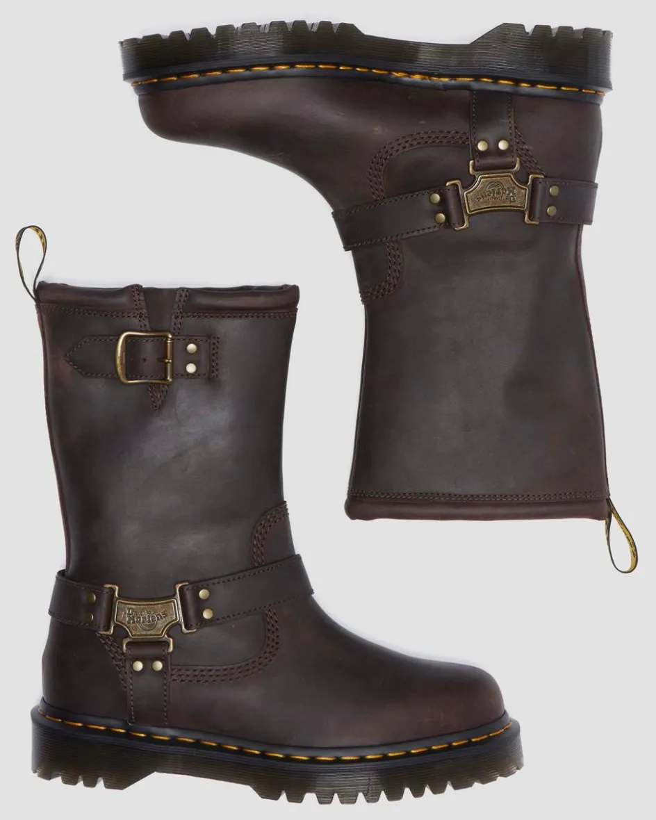 Dr. Martens Tall And Knee High Boots|New And Featured*Anistone Hi Leather Biker Boots in Dark Brown Dark Brown — BURNISHED WAXY PULL UP WP