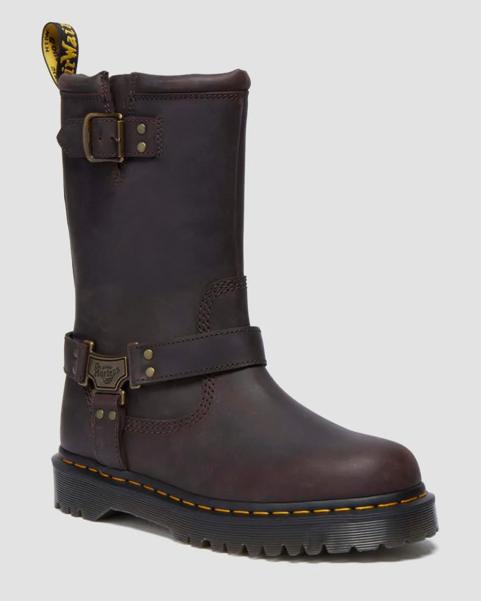Dr. Martens Tall And Knee High Boots|New And Featured*Anistone Hi Leather Biker Boots in Dark Brown Dark Brown — BURNISHED WAXY PULL UP WP