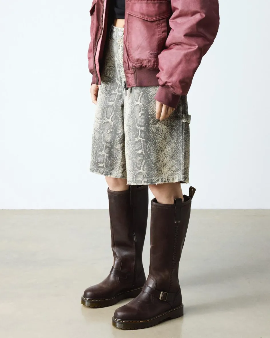 Dr. Martens Last Chance Styles|Last Chance Styles*Anistone Knee High Crazy Horse Leather Biker Boots in Dark Brown Dark Brown — Crazy Horse