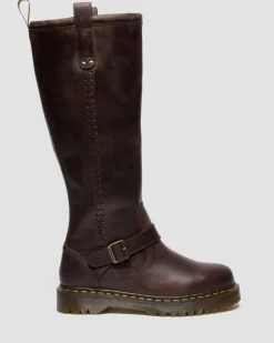 Dr. Martens Last Chance Styles|Last Chance Styles*Anistone Knee High Crazy Horse Leather Biker Boots in Dark Brown Dark Brown — Crazy Horse