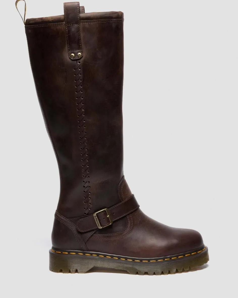 Dr. Martens Last Chance Styles|Last Chance Styles*Anistone Knee High Crazy Horse Leather Biker Boots in Dark Brown Dark Brown — Crazy Horse