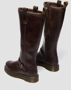 Dr. Martens Last Chance Styles|Last Chance Styles*Anistone Knee High Crazy Horse Leather Biker Boots in Dark Brown Dark Brown — Crazy Horse