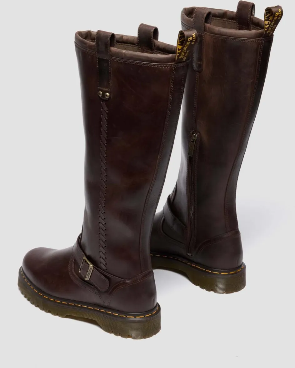 Dr. Martens Last Chance Styles|Last Chance Styles*Anistone Knee High Crazy Horse Leather Biker Boots in Dark Brown Dark Brown — Crazy Horse
