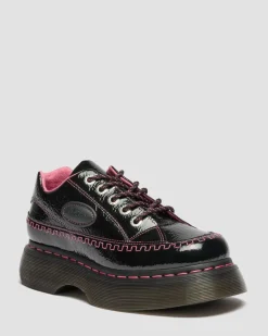 Dr. Martens Shoes|Platform Shoes*Buzz 5-Eye Distressed Patent Leather Shoes in Black Black — Distressed Patent