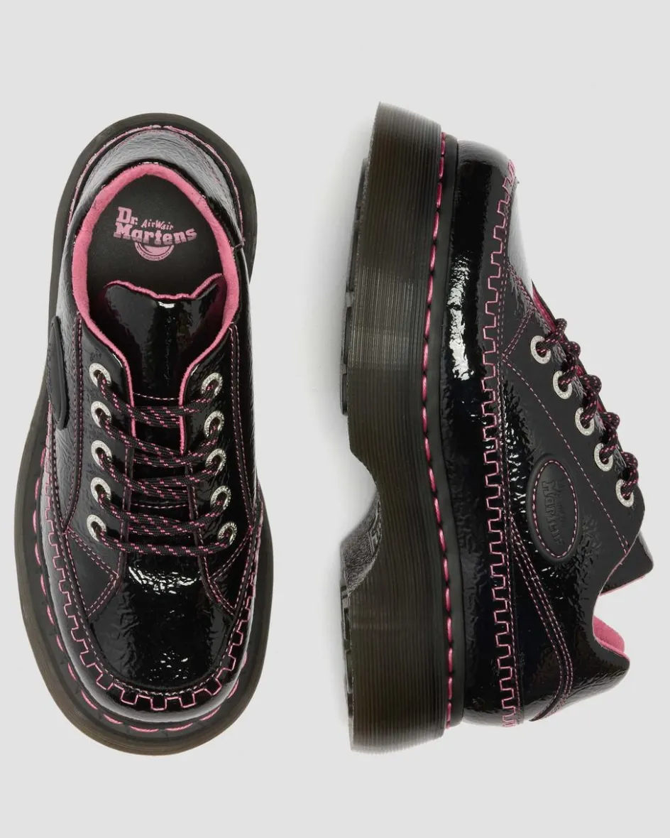 Dr. Martens Shoes|Platform Shoes*Buzz 5-Eye Distressed Patent Leather Shoes in Black Black — Distressed Patent