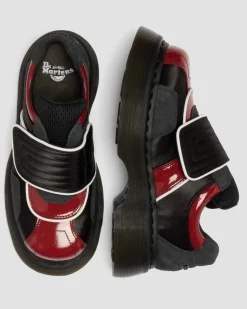 Dr. Martens Shoes|Platform Shoes*Buzz Strap Mixed Material Shoes in Black BLACK+SCARLET RED — Satin Lux+High Gloss Patent