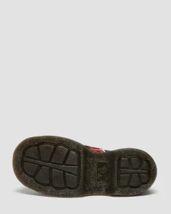 Dr. Martens Shoes|Platform Shoes*Buzz Strap Mixed Material Shoes in Black BLACK+SCARLET RED — Satin Lux+High Gloss Patent