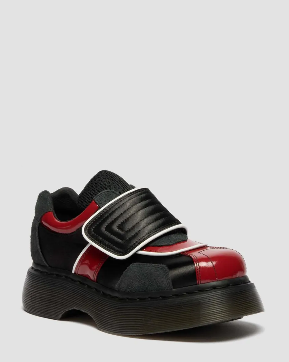 Dr. Martens Shoes|Platform Shoes*Buzz Strap Mixed Material Shoes in Black BLACK+SCARLET RED — Satin Lux+High Gloss Patent