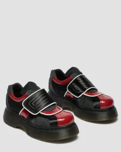 Dr. Martens Shoes|Platform Shoes*Buzz Strap Mixed Material Shoes in Black BLACK+SCARLET RED — Satin Lux+High Gloss Patent