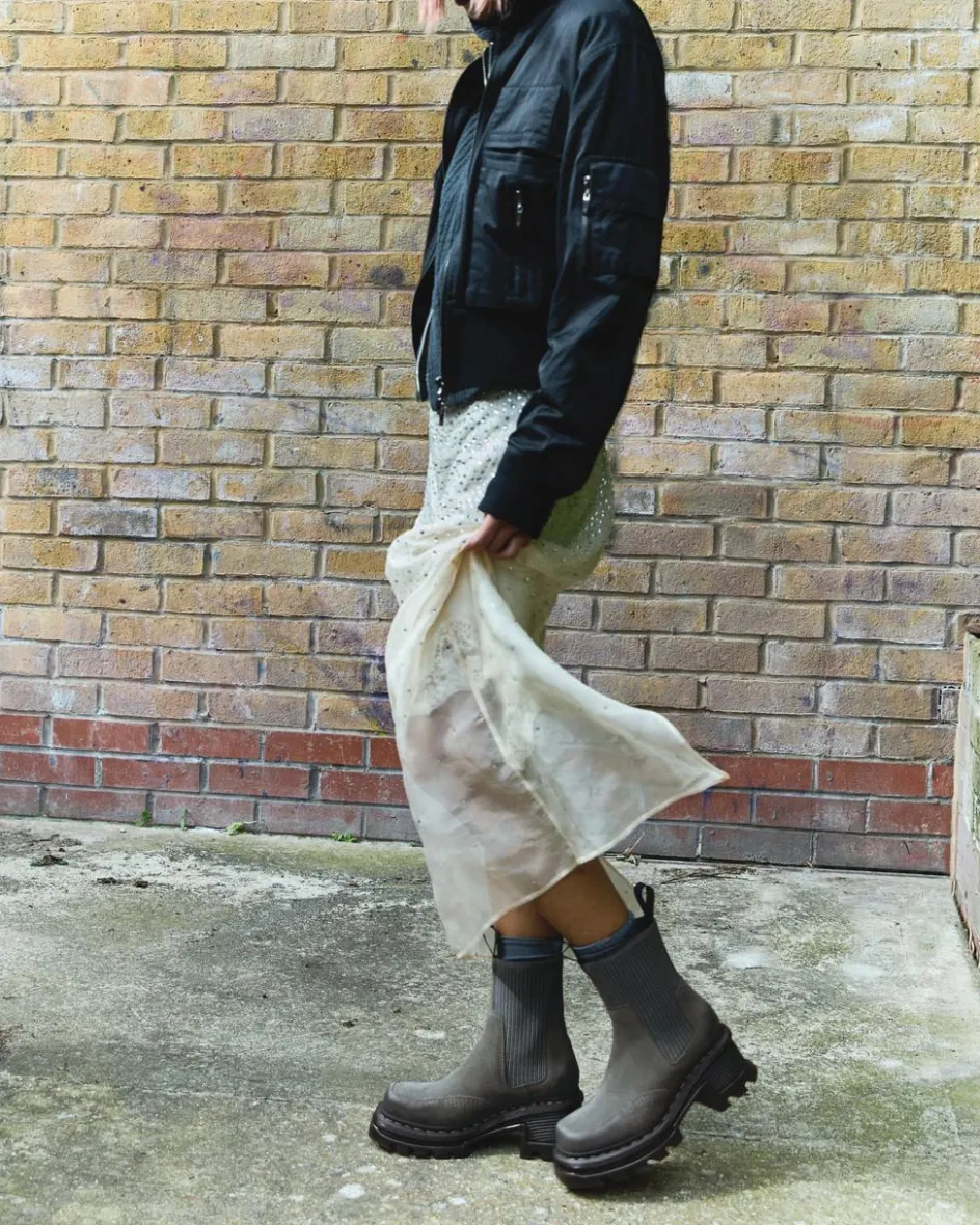 Dr. Martens Last Chance Styles*Corran Chelsea Waxy Suede Heeled Boots in Gunmetal Gunmetal — Waxy Suede Waterproof