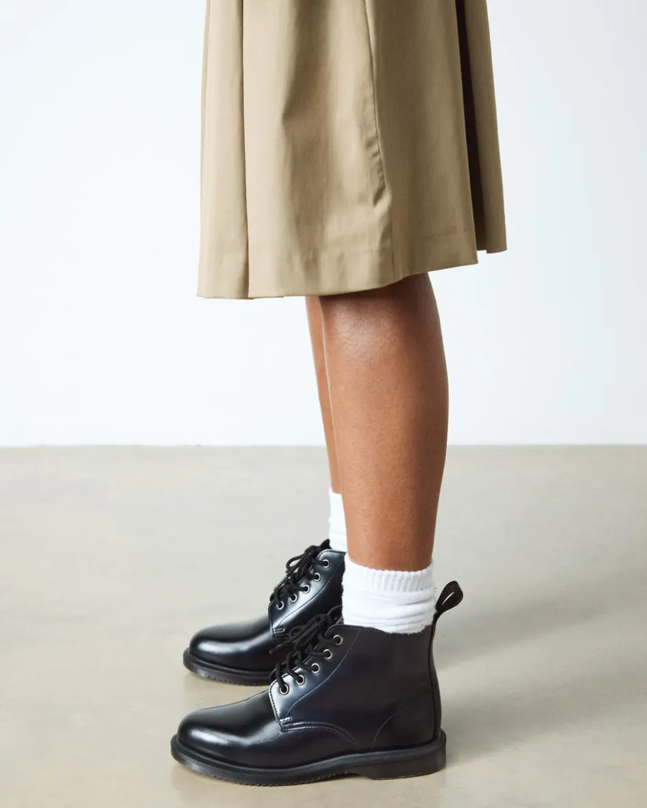 Dr. Martens Last Chance Styles*Emmeline Smooth Lace Up Boots in Black Black — Polished Smooth
