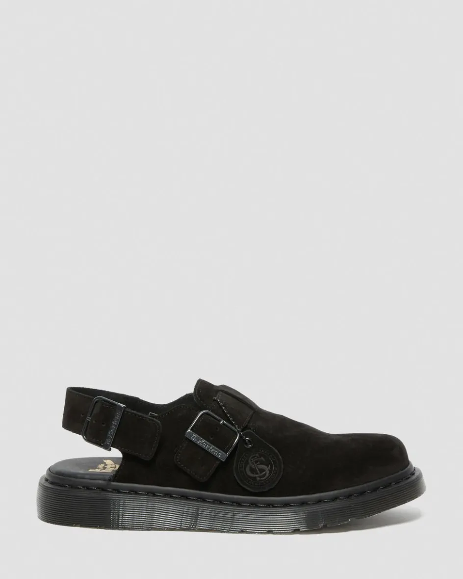 Dr. Martens Last Chance Styles|Last Chance Styles*Jorge Made in England Suede Slingback Mules in Black Black — Repello Calf Suede (Gum Oil)