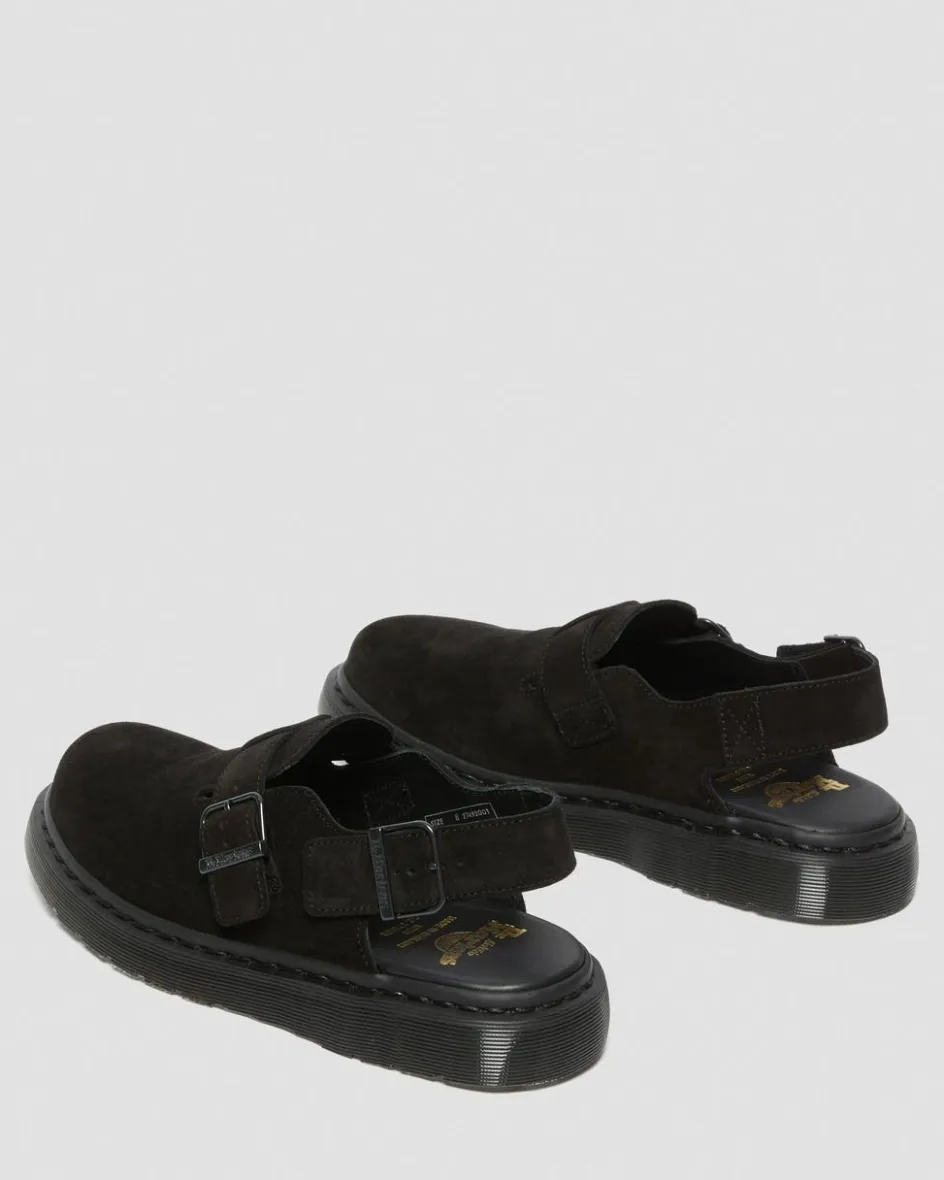 Dr. Martens Last Chance Styles|Last Chance Styles*Jorge Made in England Suede Slingback Mules in Black Black — Repello Calf Suede (Gum Oil)