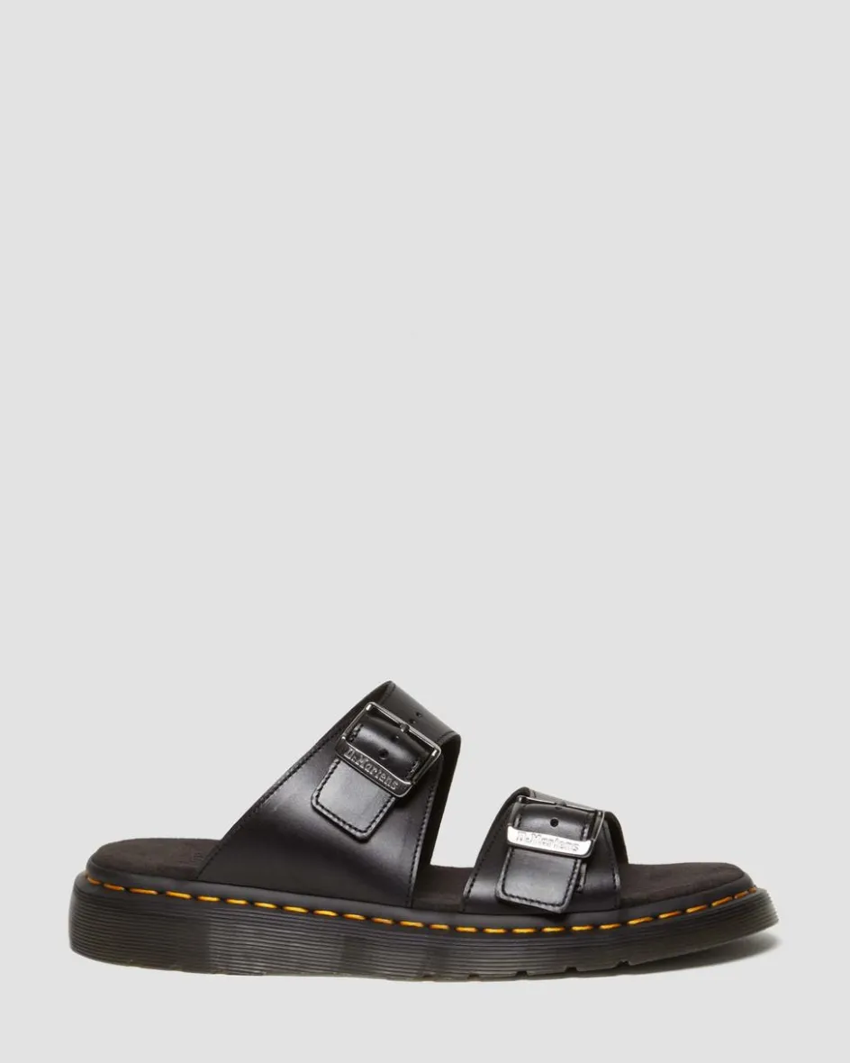 Dr. Martens Slides|Sandals*Josef Analine Leather Buckle Slide Sandals in Black Black — Analine
