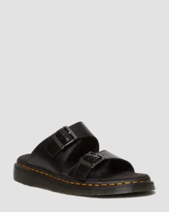 Dr. Martens Slides|Sandals*Josef Analine Leather Buckle Slide Sandals in Black Black — Analine