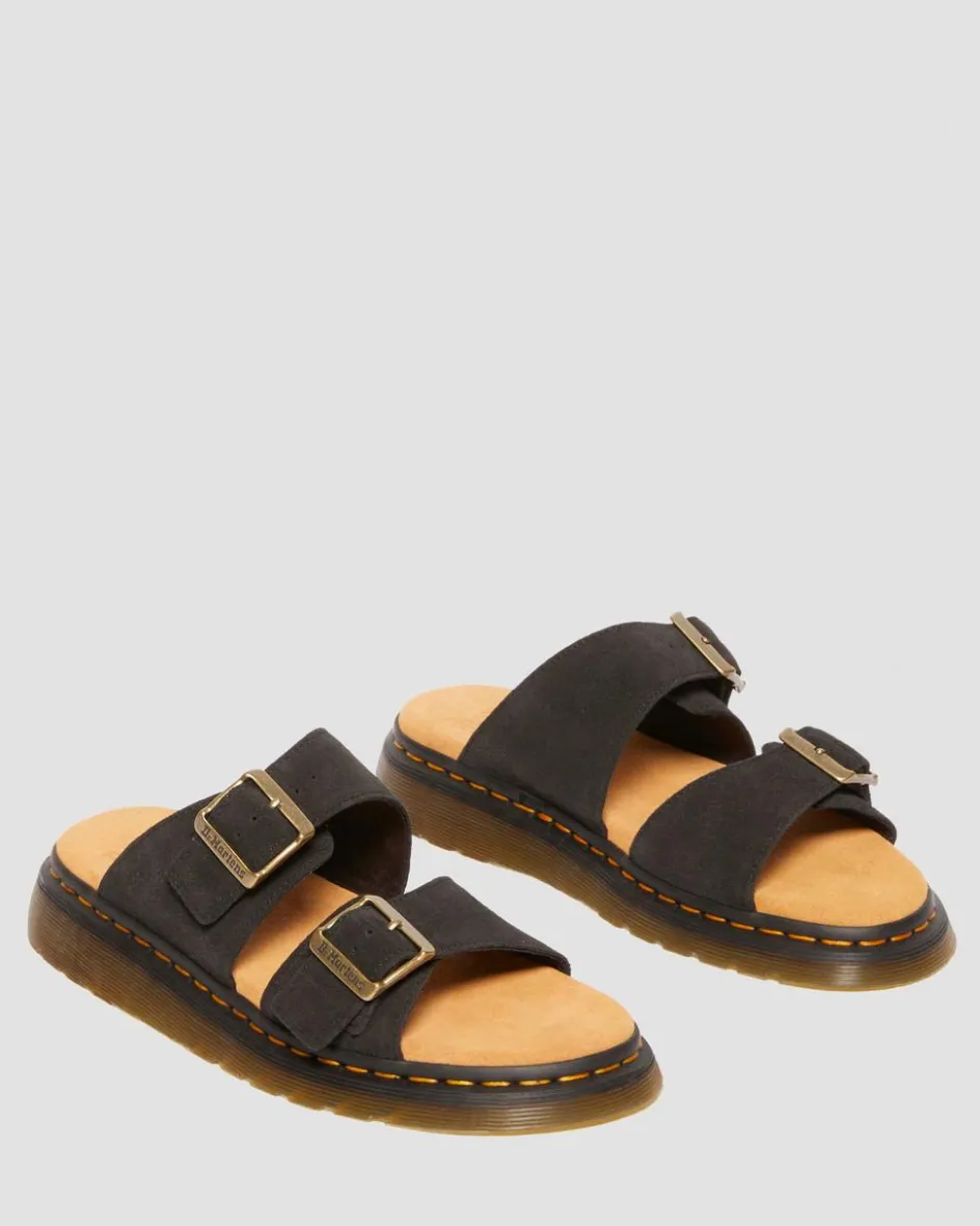 Dr. Martens Slides|Sandals*Josef Suede slide sandals in Black Black — E.H.Suede