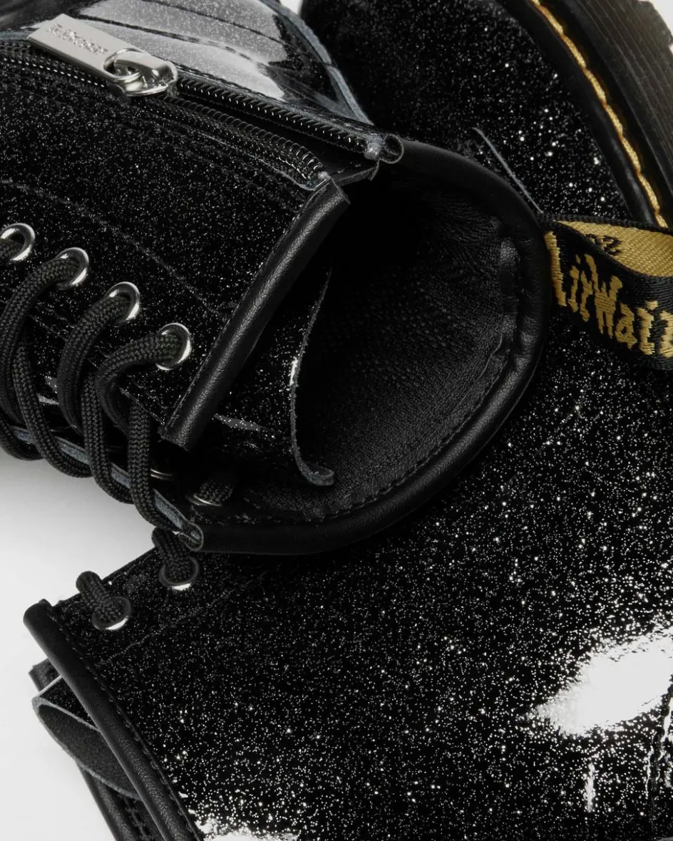 Dr. Martens Junior & 5-7 Years*JUNIOR 1460 GLITTER PATENT LEATHER BOOTS in Black BLACK+SILVER — Nebula Glitter