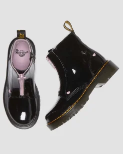 Dr. Martens Last Chance Styles*Junior Heart Nappa Patent Leather Pull-on Boots in Black Black+Pink — Patent Lamper
