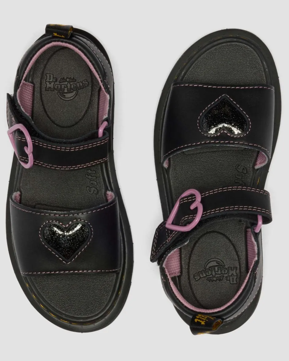 Dr. Martens Junior & 5-7 Years*Junior Marlowe II Glitter Heart Leather Strap Shoes in Black BLACK — Lucido+Nebula Glitter