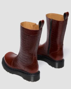 Dr. Martens Last Chance Styles*REJENA CROC EMBOSS LEATHER BOOTS in Mocha Brown MOCHA BROWN — Croc Embossed Analine