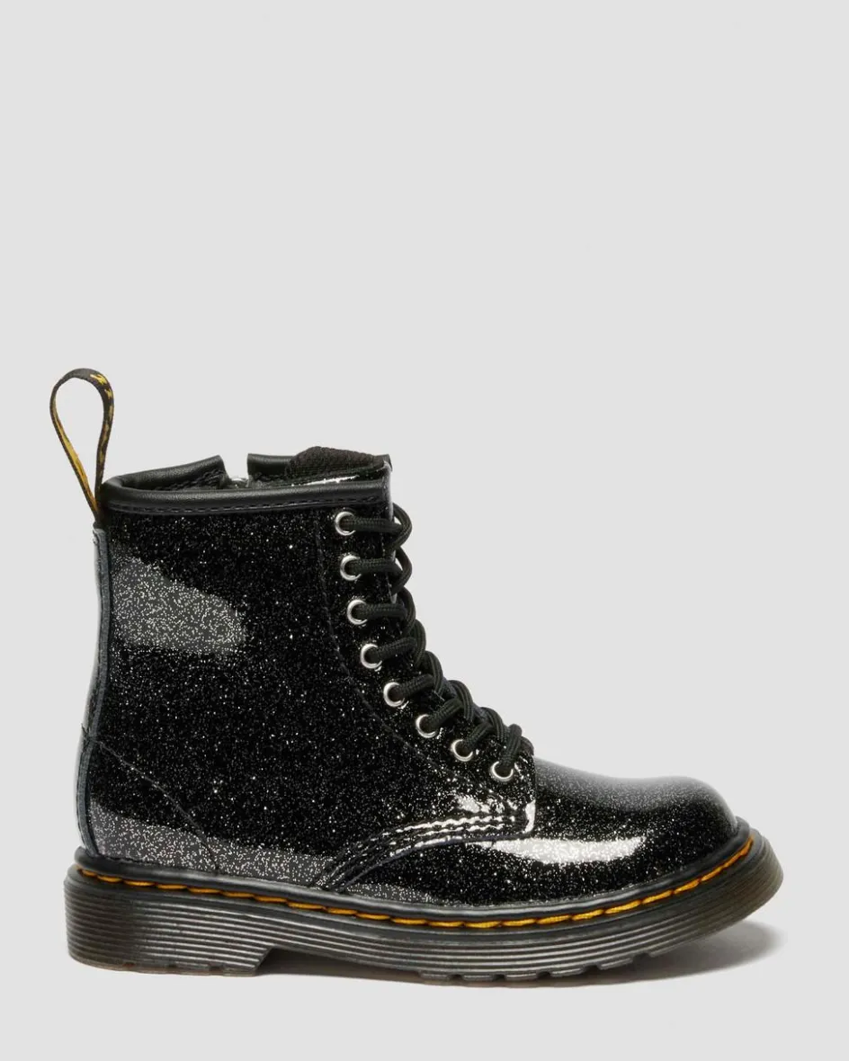 Dr. Martens Toddler & 2-4 Years*TODDLER 1460 GLITTER PATENT LEATHER BOOTS in Black BLACK+SILVER — Nebula Glitter