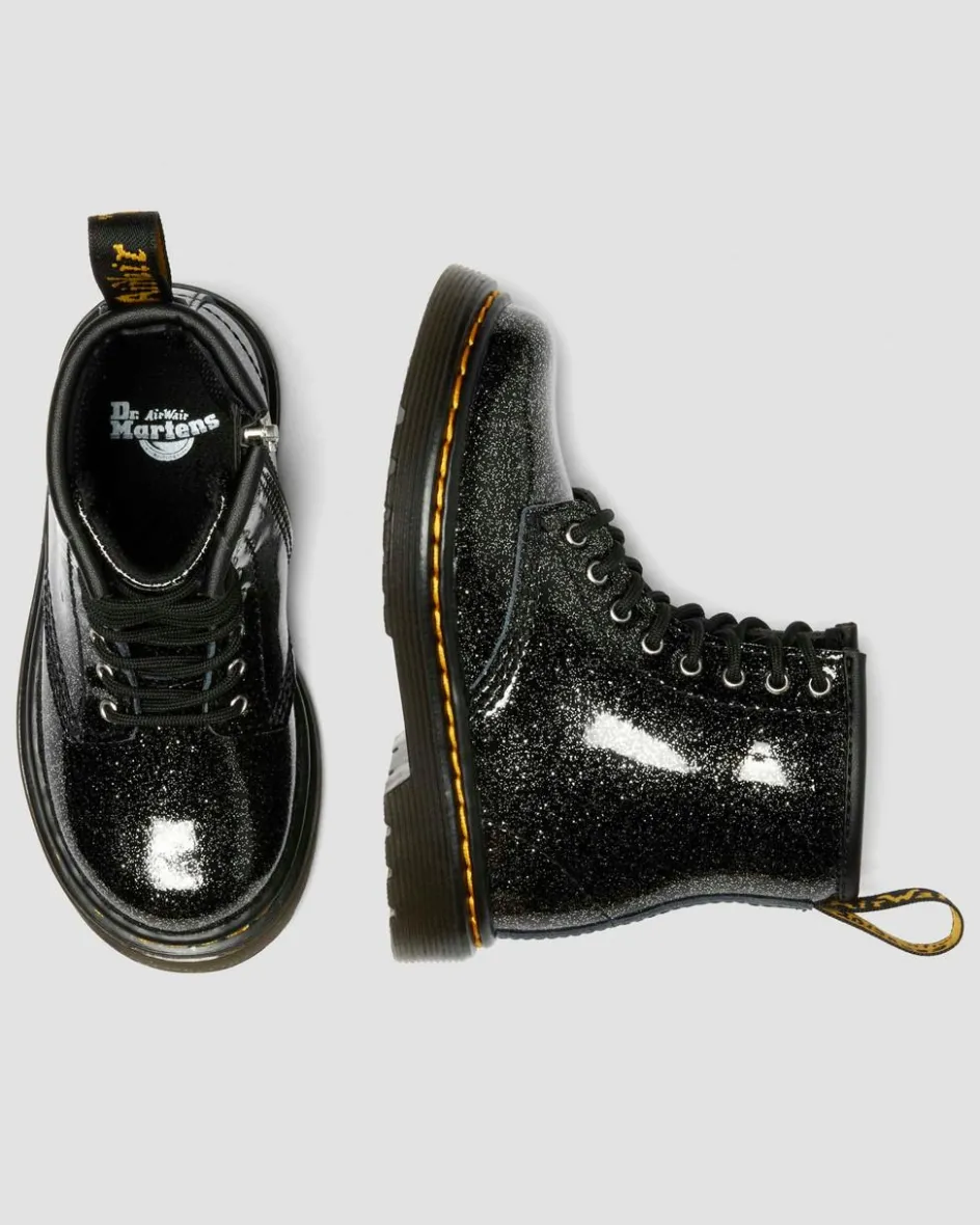 Dr. Martens Toddler & 2-4 Years*TODDLER 1460 GLITTER PATENT LEATHER BOOTS in Black BLACK+SILVER — Nebula Glitter