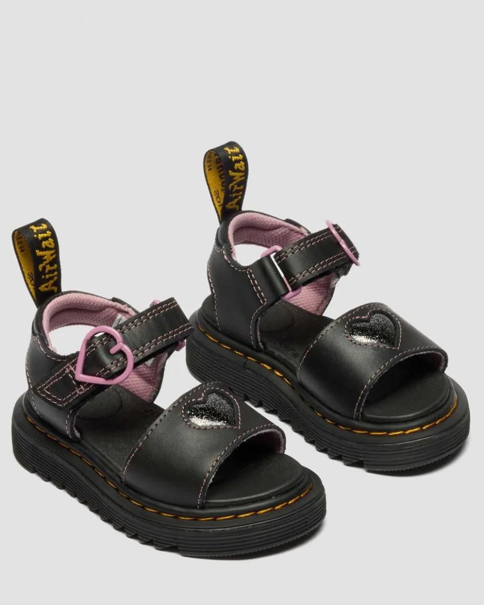 Dr. Martens Toddler & 2-4 Years*Toddler Marlowe II Glitter Heart Leather Strap Shoes in Black BLACK — Lucido+Nebula Glitter