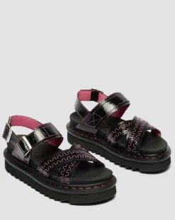 Dr. Martens Sandals|Spring Sandals*Voss II Distressed Patent Leather Sandals in Black Black — Distressed Patent