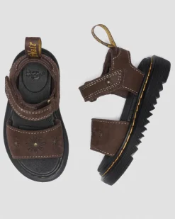 Dr. Martens Youth & 8-14 Years*Youth Marlowe Flower Nubuck Strap Sandals in Dark Brown Dark Brown — Tumbled Nubuck