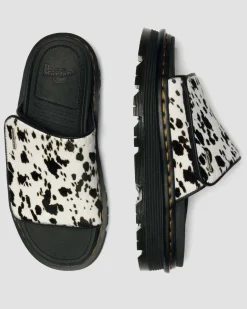 Dr. Martens Mules|Slides*Zebzag Dalmatian Hair On Leather Platform Slides in Cream & Black Cream & Black — Dalmatian Print Hair On