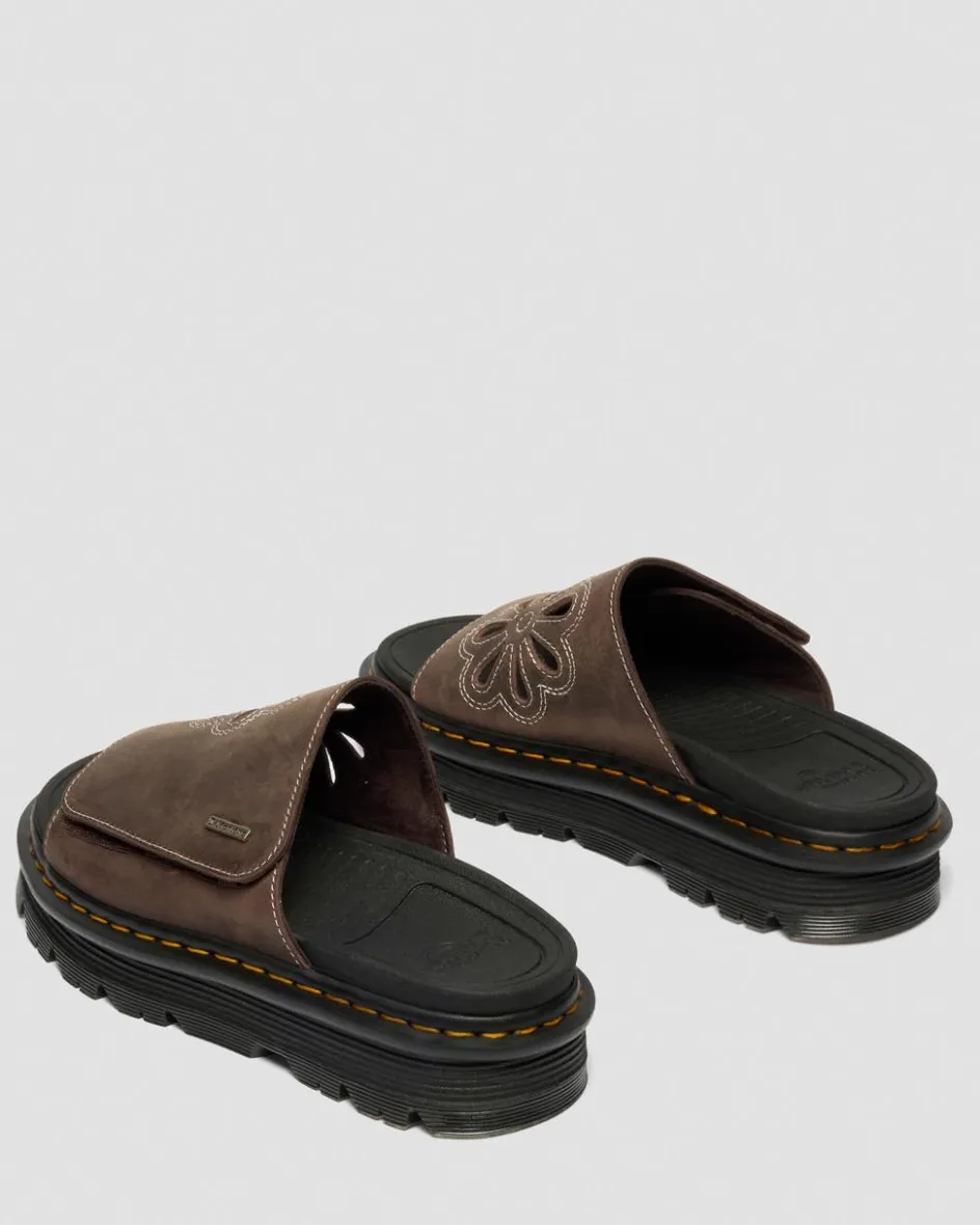 Dr. Martens Mules|Slides*Zebzag Flower Crazy Horse Leather Slides in Dark Brown Dark Brown — Crazy Horse