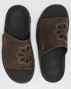Dr. Martens Mules|Slides*Zebzag Flower Crazy Horse Leather Slides in Dark Brown Dark Brown — Crazy Horse