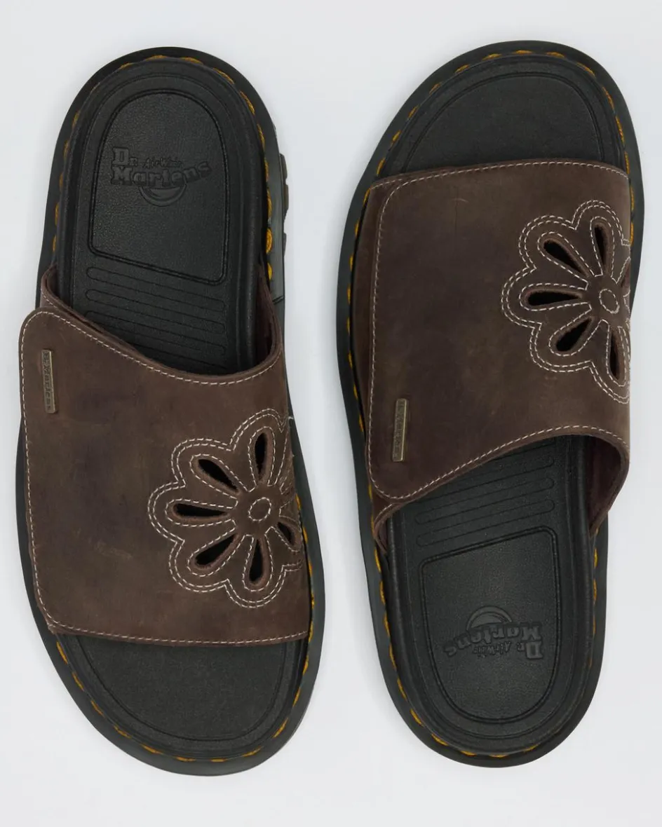 Dr. Martens Mules|Slides*Zebzag Flower Crazy Horse Leather Slides in Dark Brown Dark Brown — Crazy Horse