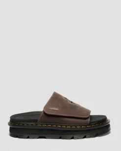 Dr. Martens Mules|Slides*Zebzag Flower Crazy Horse Leather Slides in Dark Brown Dark Brown — Crazy Horse